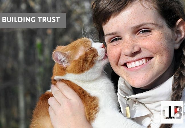 cat licking human face to build trust